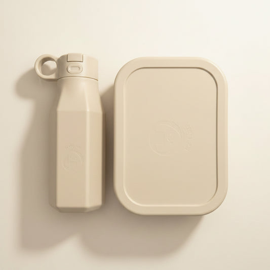 Beige lunch box and water bottle