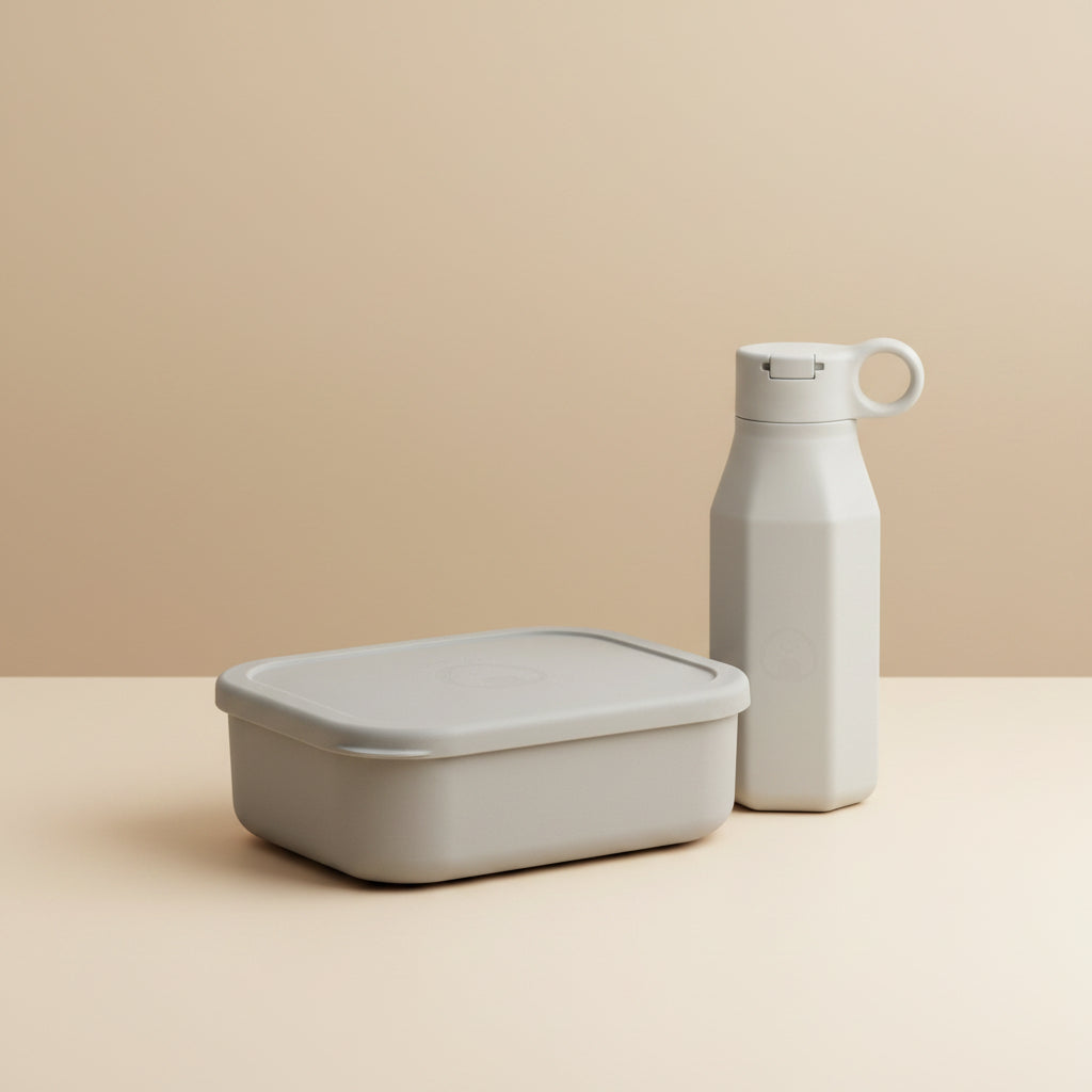 A light grey bento lunchbox and water bottle set for kids.