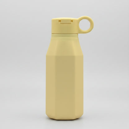 A pastel yellow silicone water bottle with a pastel color, displayed emphasizing its eco-friendly and reusable attributes.
