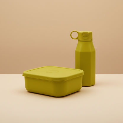 A yellow mustard bento lunchbox and water bottle set for kids
