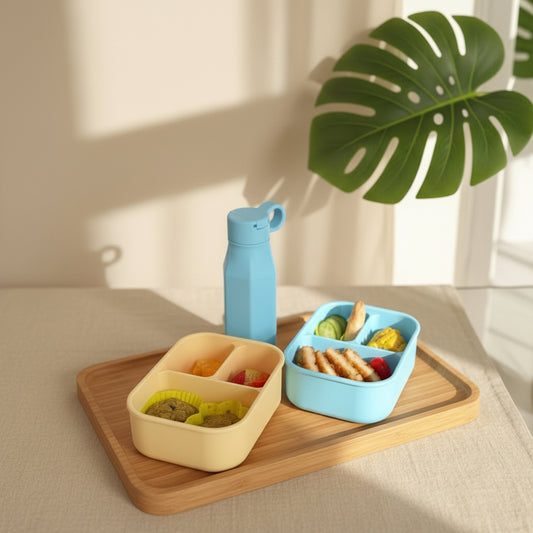 Two bento boxes with snacks and a water bottle on a table with bowls of fruit.