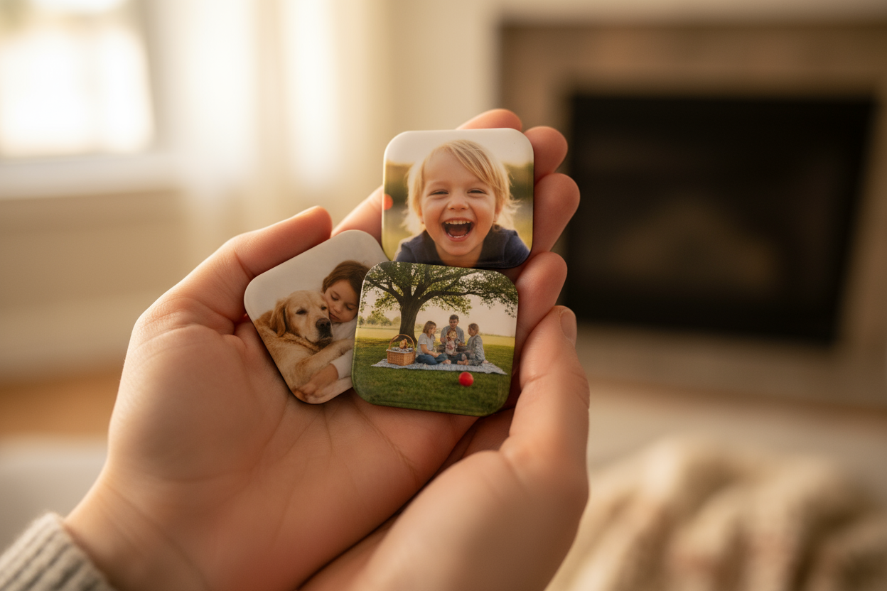 A mum walks in holding a small stack of 2x2 rounded square photo magnets. Each one features a special moment—her child’s smile, a family picnic, a cuddle with their pet.