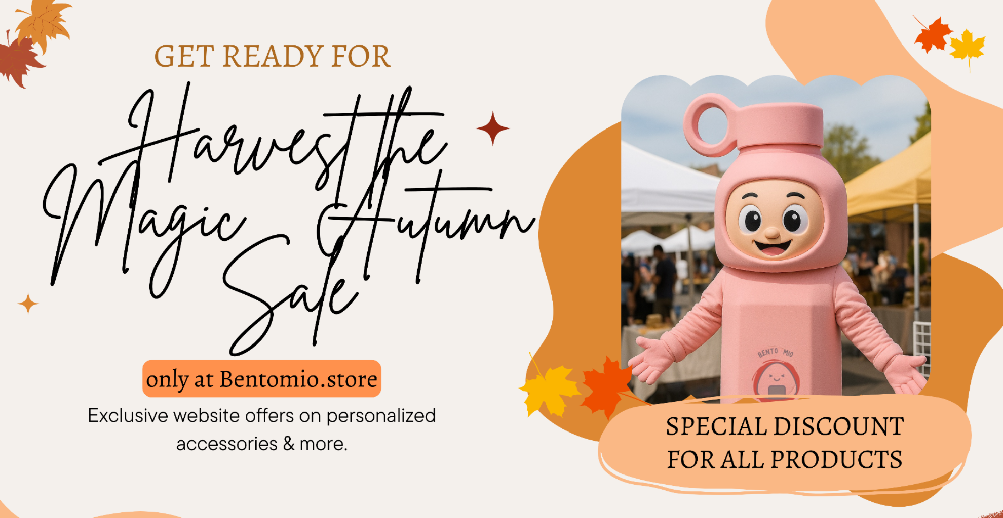 Promotional banner for 'Harvest the Magic Autumn Sale' with a child in a pink costume at an outdoor event.