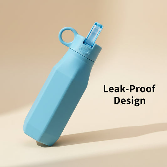 blue water bottle with leak proof text 