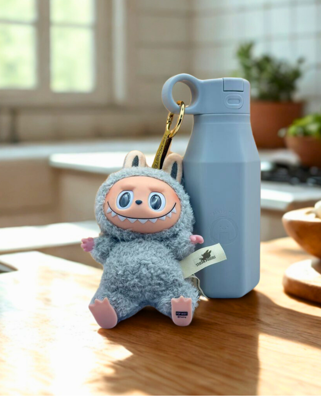 bentomio light grey water bottle with labubu