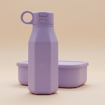 lilac water bottle and lunch box for kids 