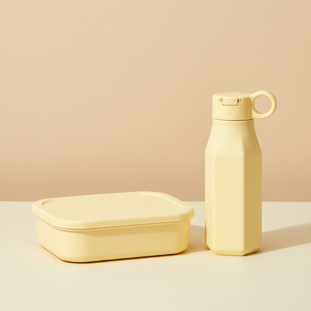 pastel yellow water bottle and lunch box for kids 
